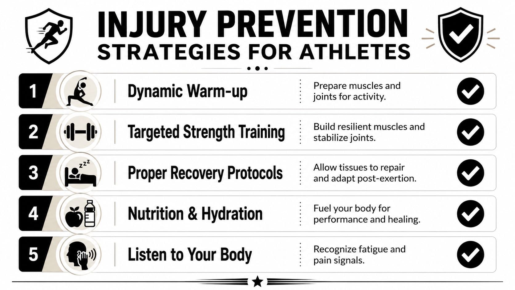 An infographic titled Injury Prevention Strategies for Athletes listing five key tips for maintaining physical health.
