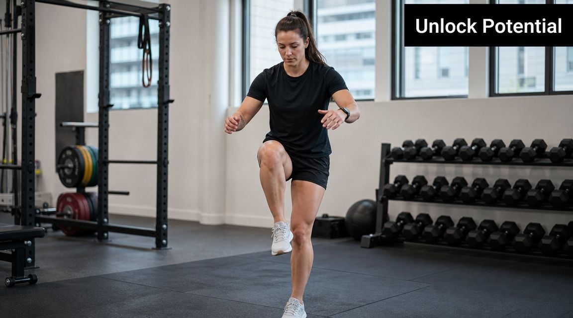 A woman performing a standing knee lift exercise in a gym for balance and vestibular training.