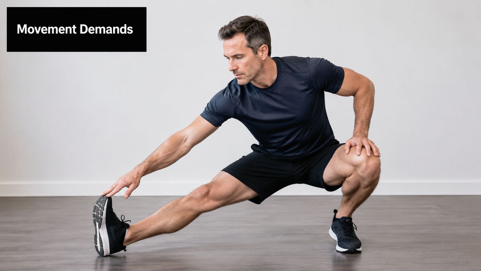 A fit man performs a side lunge stretch to improve flexibility in his legs and hips.