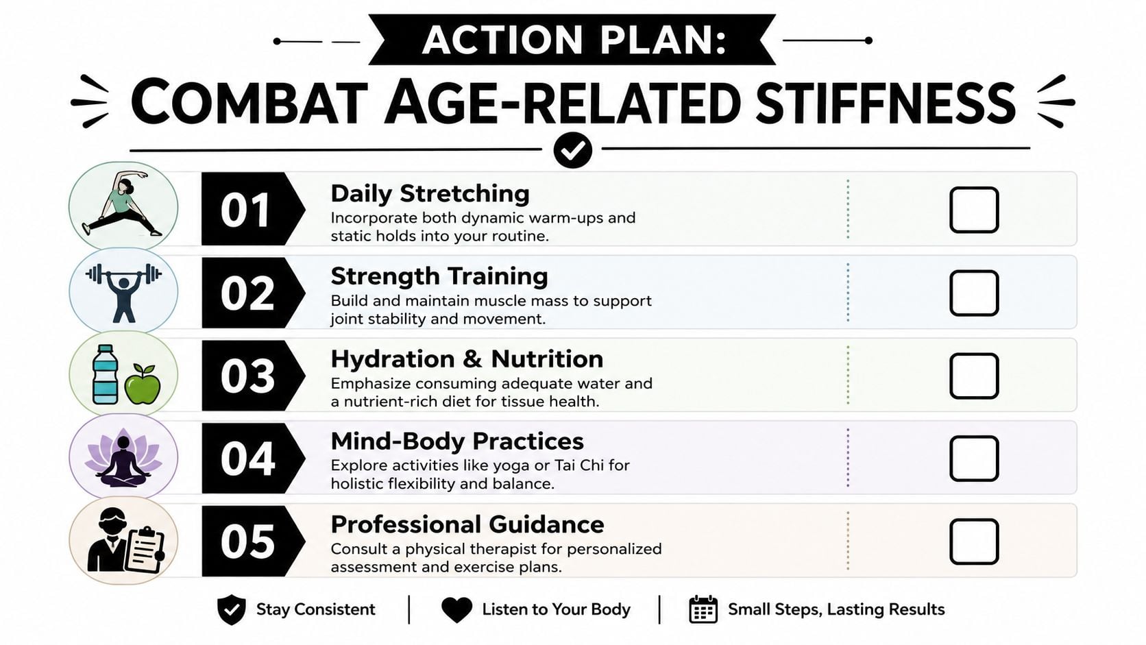 An infographic action plan titled Combat Age-Related Stiffness featuring five steps to improve flexibility and joint health.